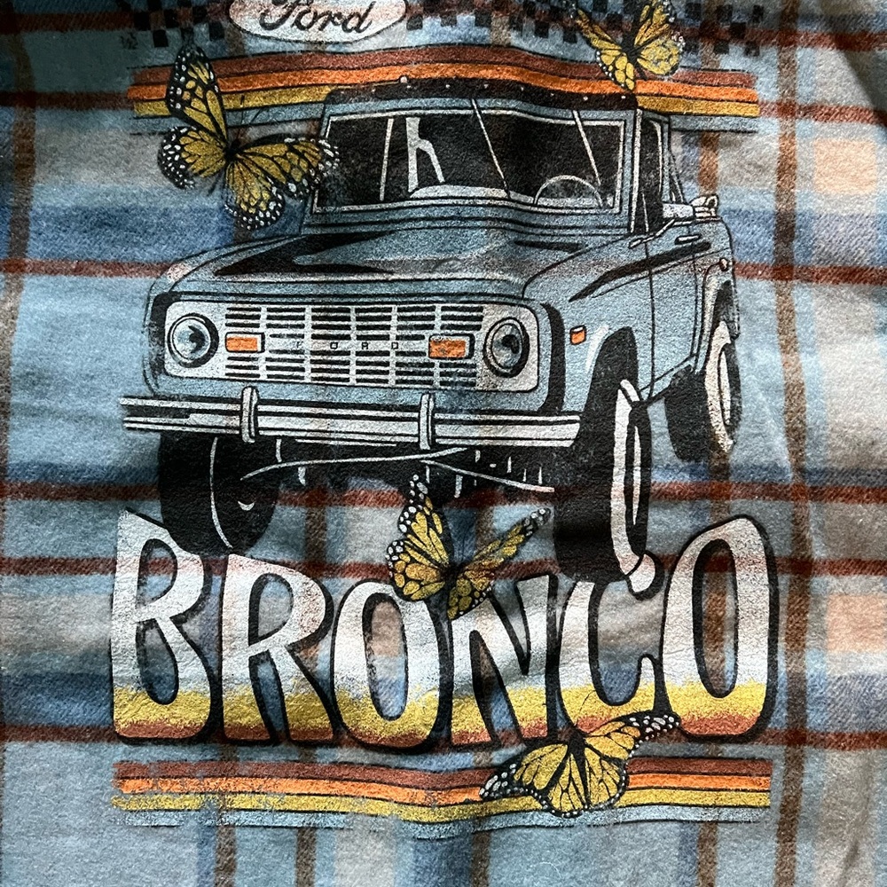 Ford Bronco Flannel Shirt Jacket Blue Plaid Women's Button Up Shacket Western - Picture 2 of 5